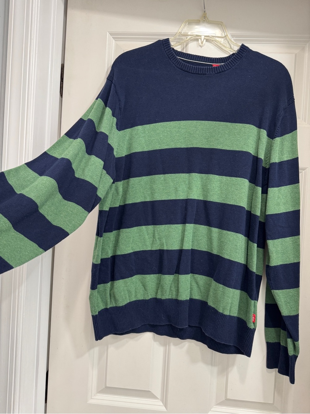 Izod Navy and Green Wide-Stripe Crewneck Sweater